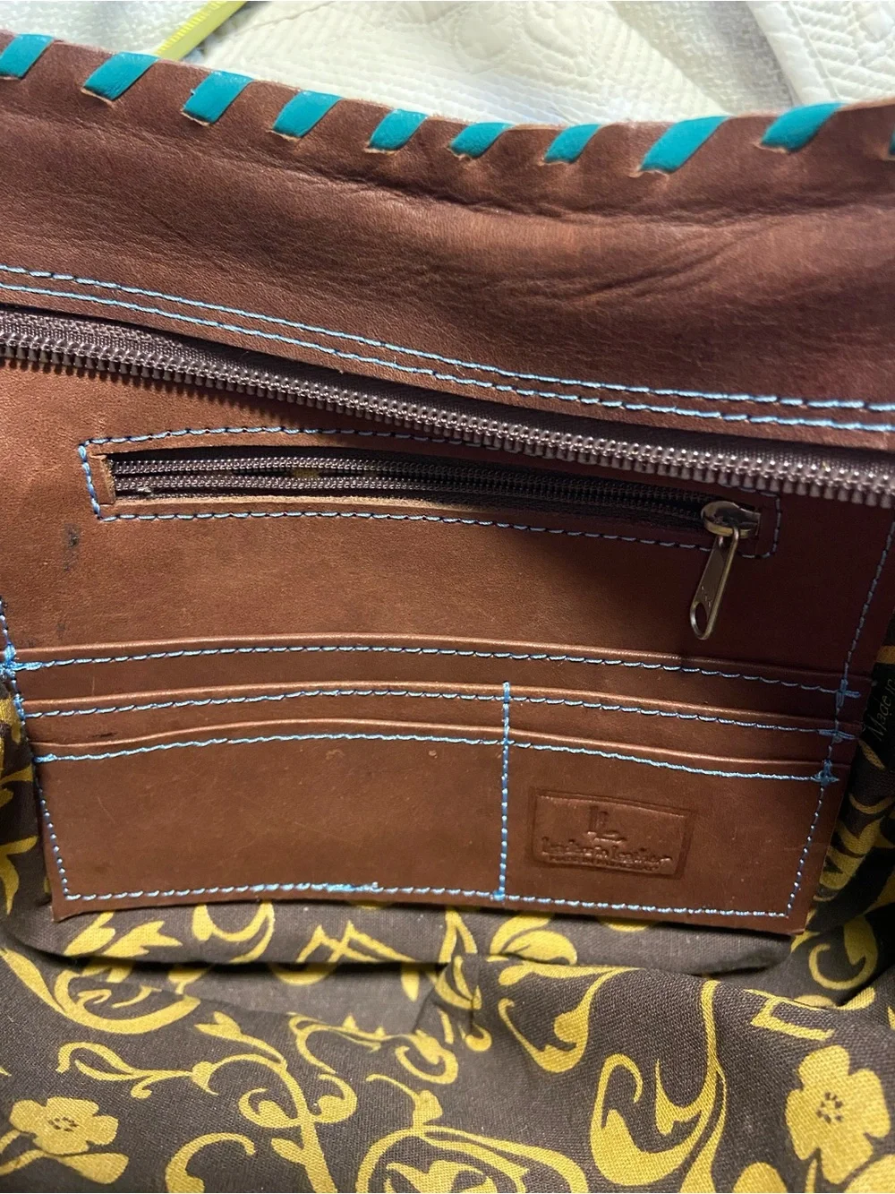Leaders in Leather Paraguay Handbag Hand Tooled Cutout Satchel Brown Teal EUC